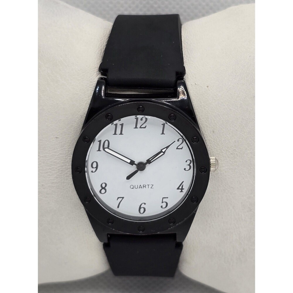 Unisex Quartz Round White Dial Large Numbers Black Silicone Strap Watch 04 - Picture 5 of 9